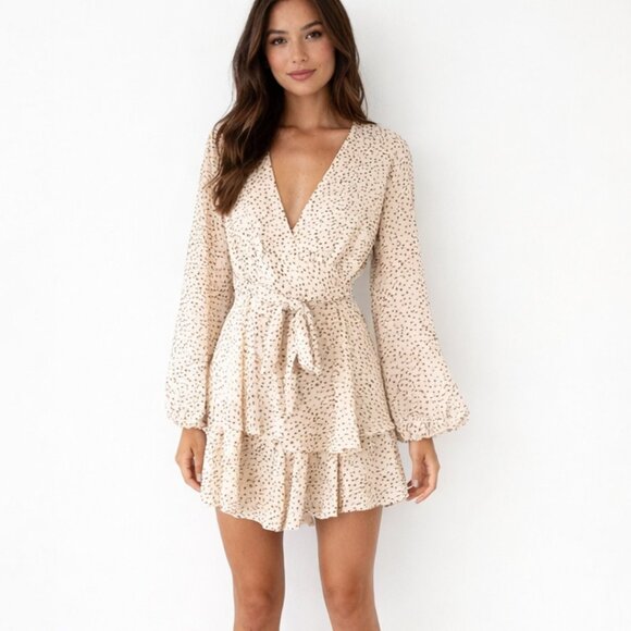 Polly Dresses & Skirts - Polly Cream Polka Dot Wrap Romper Dress Sz US 10 Boho Ruffle Mini Tie Waist